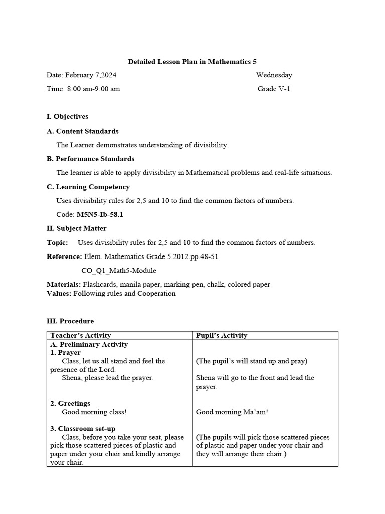 Detailed Lesson Plan in Mathematics 5-1 | PDF | Lesson Plan | Learning