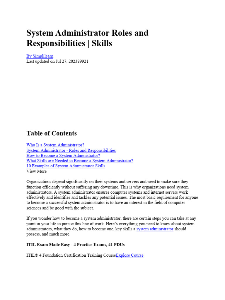 System Administrator Roles and Responsibilities - Skills: Itil Exam ...
