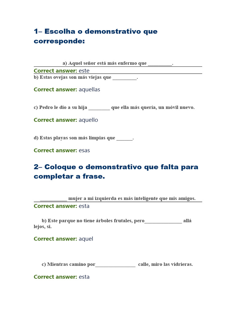 Ejercicios de demostrativos en español | PDF