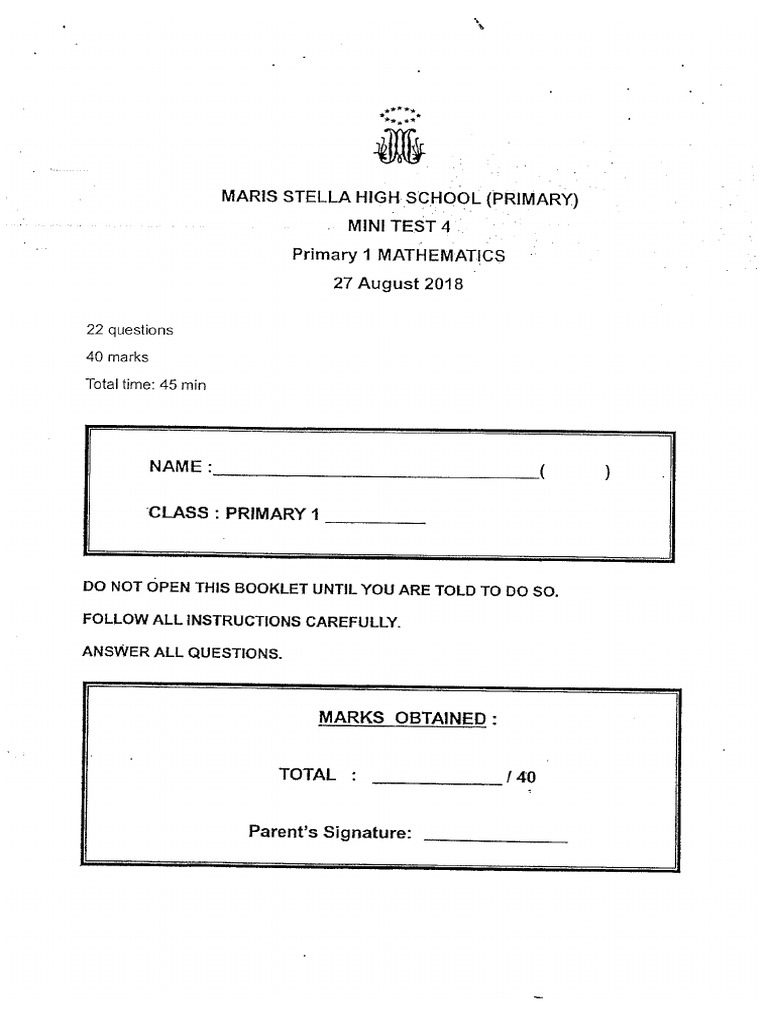 P1 Maths 2018 Maris Stella Test4na Papers | PDF