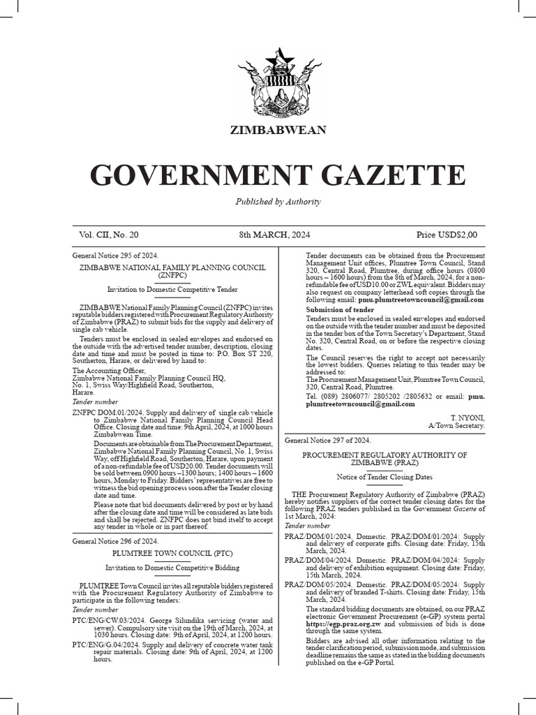Zimbabwe Government Gazette - Tenders 2024 | PDF | Procurement | Zimbabwe