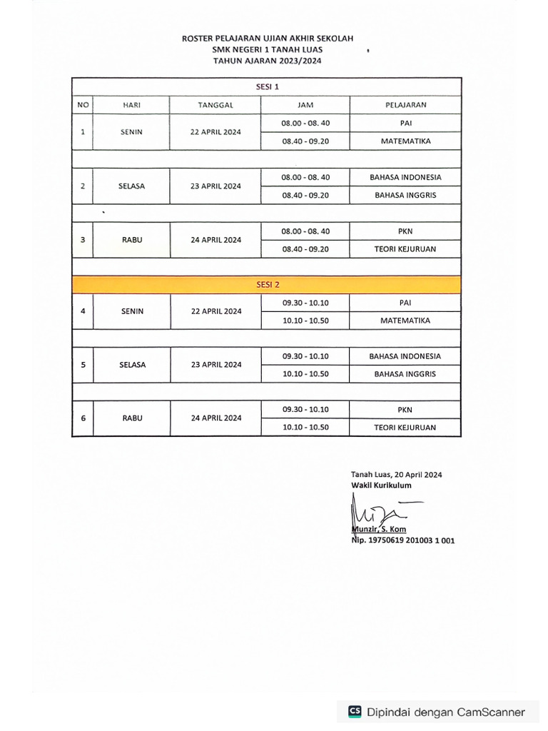Roster Pelajaran Ujian Akhir Sekolah | PDF