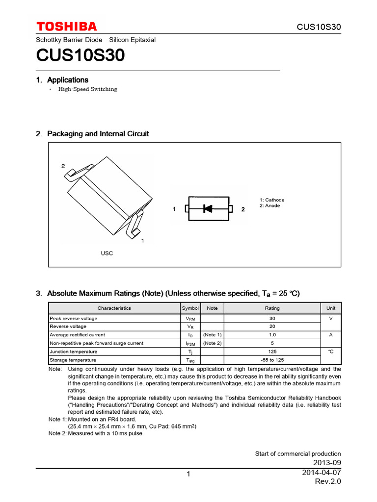 CUS10S30 Datasheet en 20140407 | PDF | Reliability Engineering | Diode