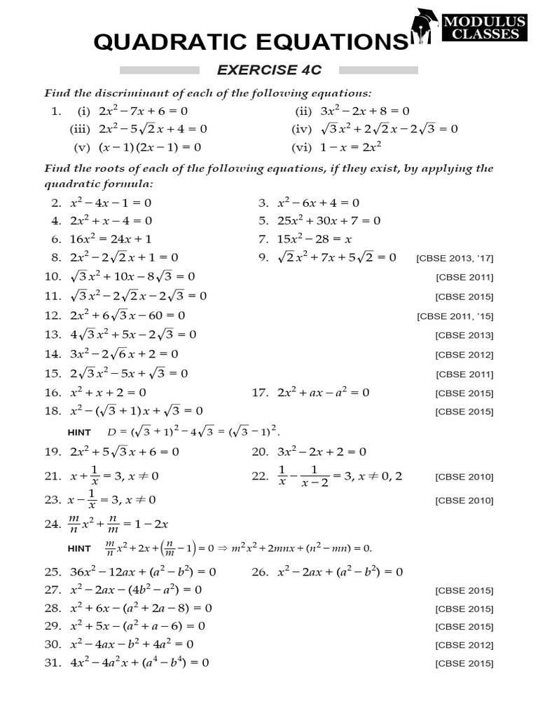 Quadratic Equations Exercises for Class 10 | PDF | Quadratic Equation ...