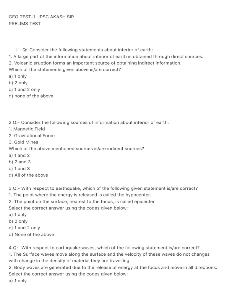 UPSC Earth Science Prelims Test Questions | PDF | Plate Tectonics ...