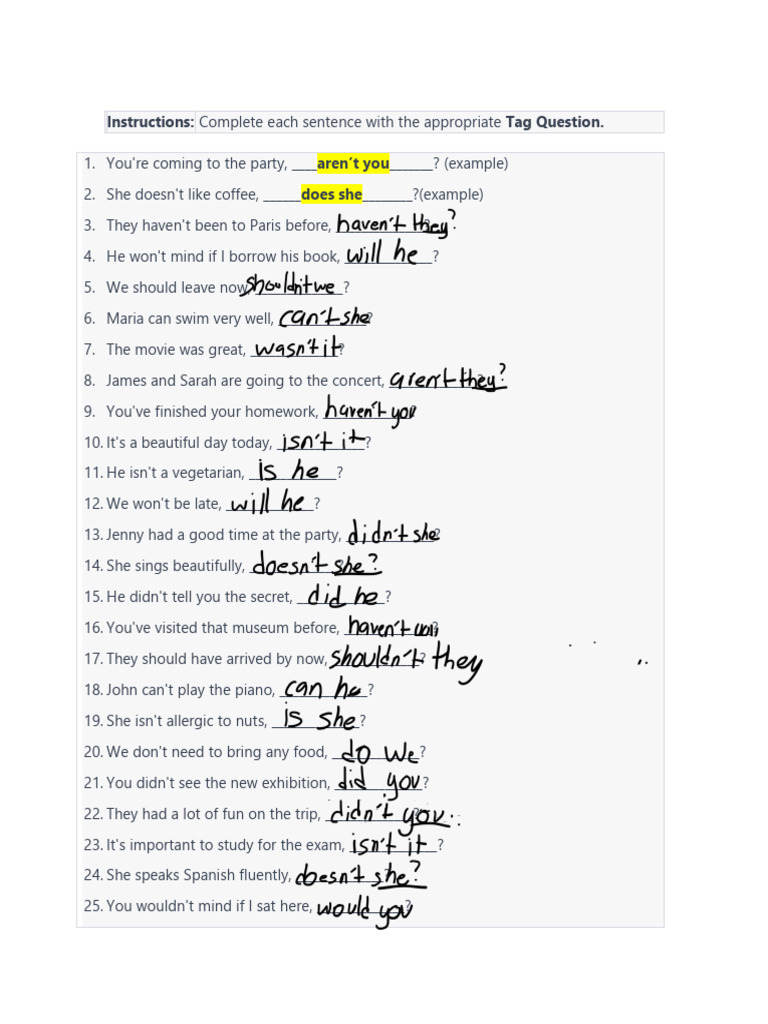Tag Questions Practice Exercises | PDF | Language Arts & Discipline ...