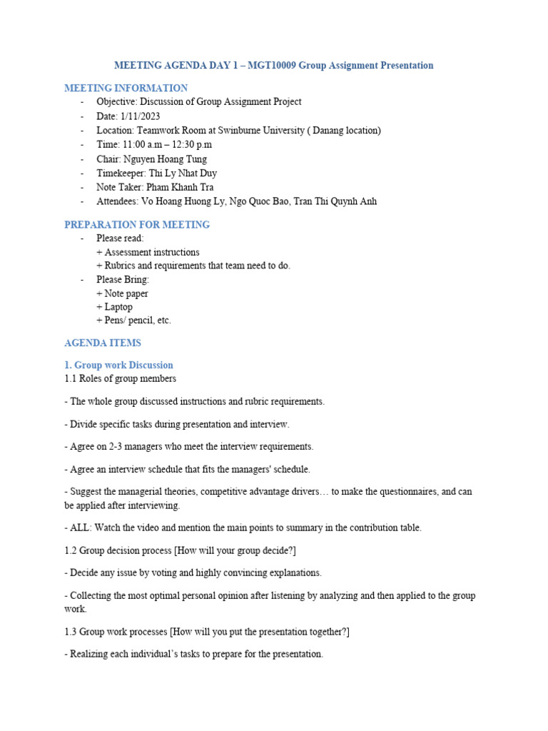 Meeting Agenda Day 1 & 2 - Team 4 | PDF | Cognition | Cognitive Science