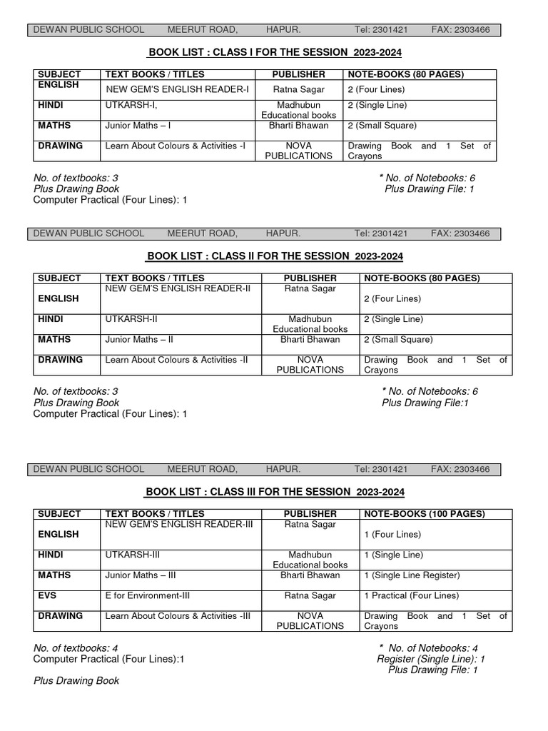 Dewan Public School Book List 2023-24 | PDF | Notebook | Books