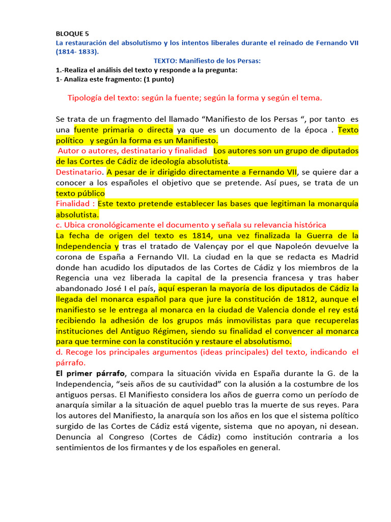 Bloque 5 Práctica Manifiesto de Los Persas PDF Gobierno de españa