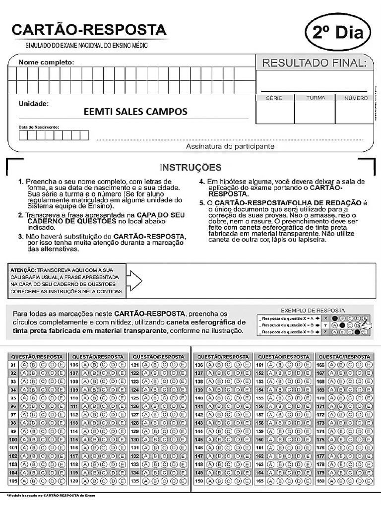 CARTÃO RESPOSTA ENEM - 2ºDIA | PDF
