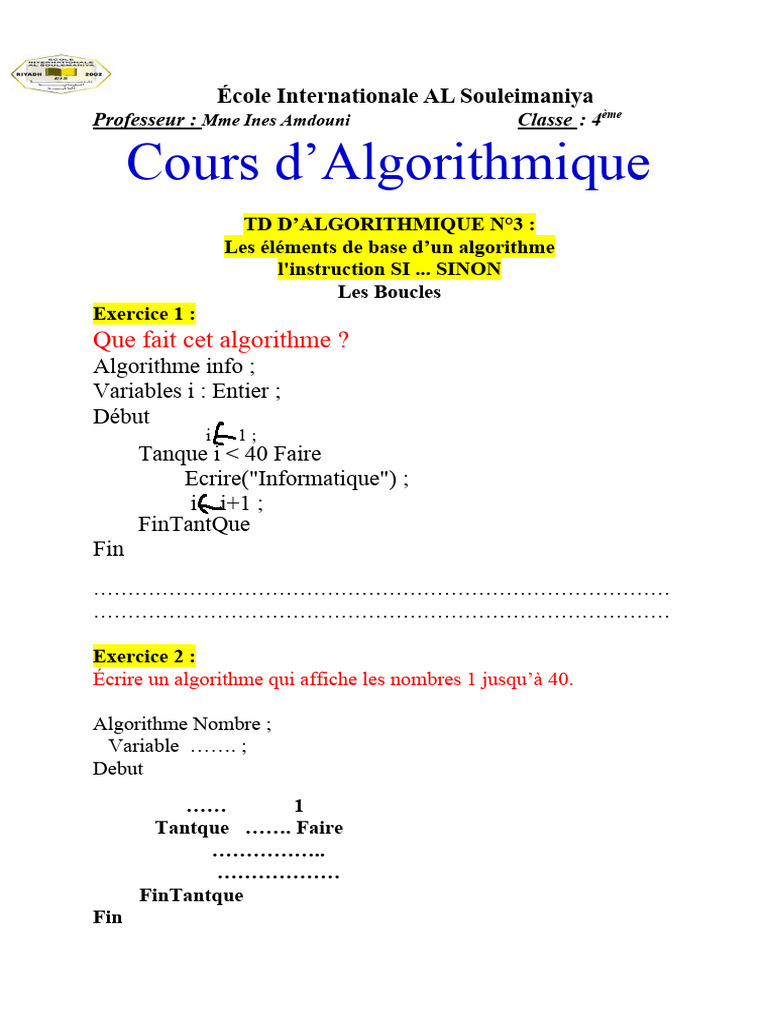Cours et exercices d'algorithmique 4ème | PDF | Programmation ...