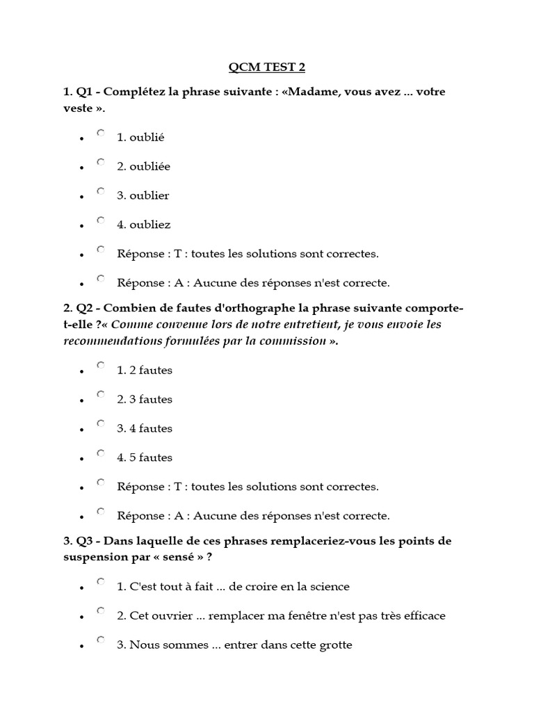 QCM de Français : Testez vos Connaissances | PDF | Arts du langage et ...