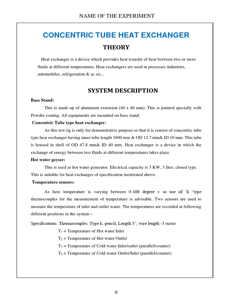 Concentric Tube Heat Exchanger Experiment | PDF | Water Heating | Heat ...