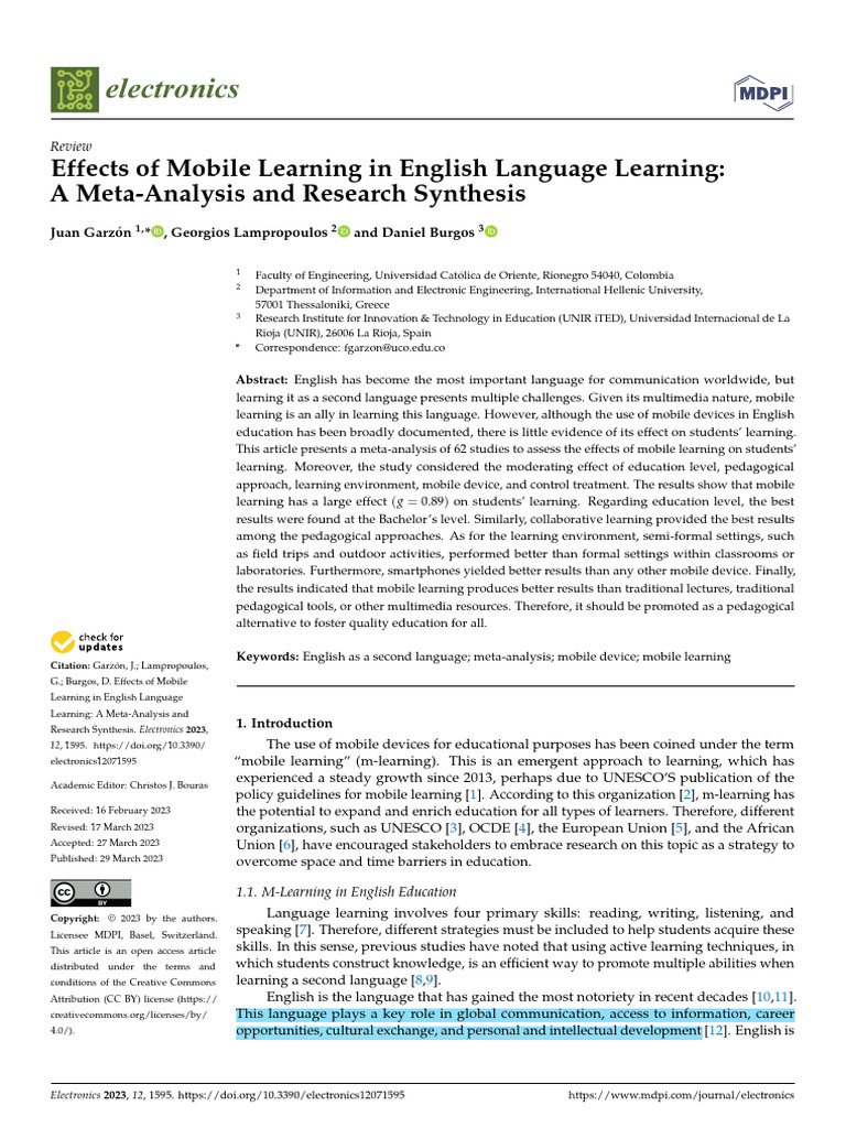 Effects of Mobile Learning in English Language Learning A Meta Analysis ...