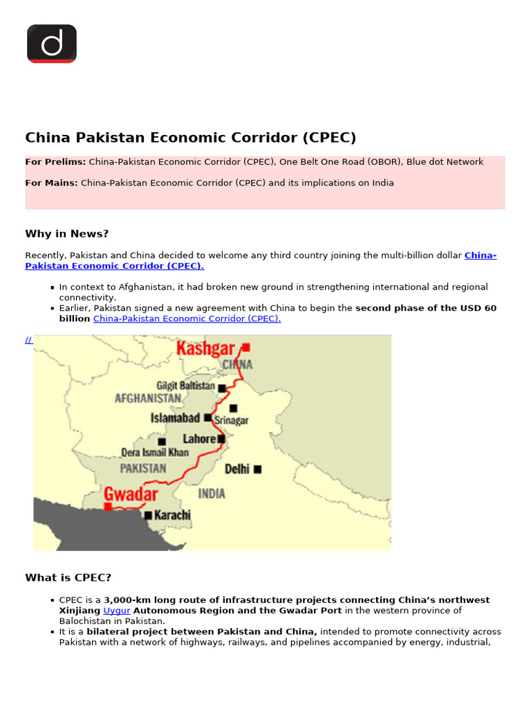 China Pakistan Economic Corridor (CPEC) : Why in News? | PDF | Pakistan ...