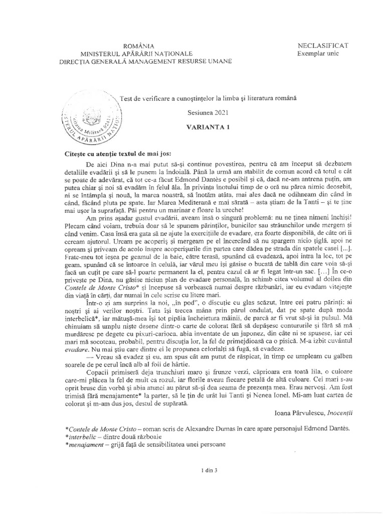 Subiectele La Proba de Verificare A Cunostintelor Si Baremul de ...