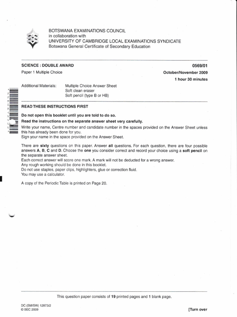 Bgcse Sda Paper 1 2009-1 | PDF | Chlorine | Acid