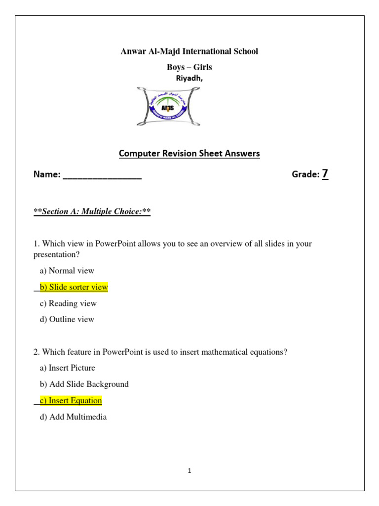 Grade7 Revision Ans Pdf Microsoft Power Point Multimedia