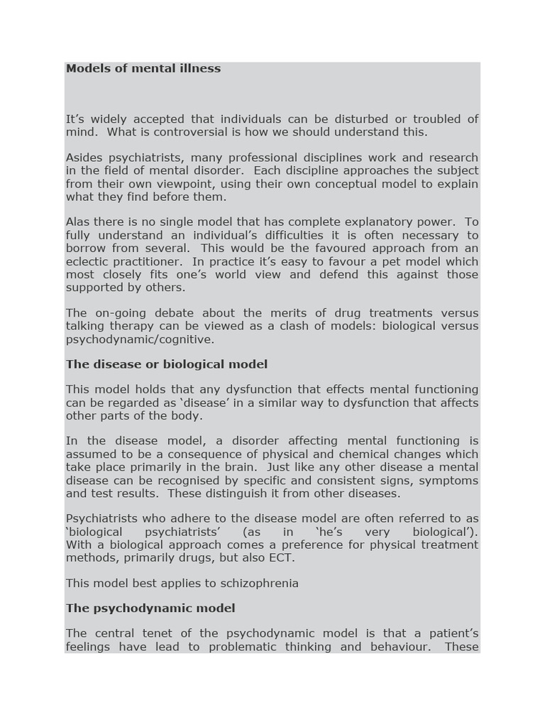 BSW 203 Class Models of Mental Illness | PDF | Psychotherapy | Mental ...