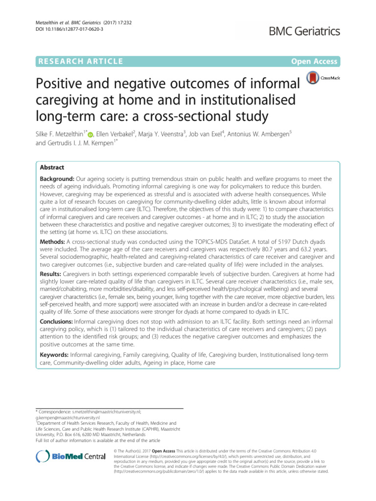 Positive and Negative Outcomes of Informal Caregiving at Home and in ...