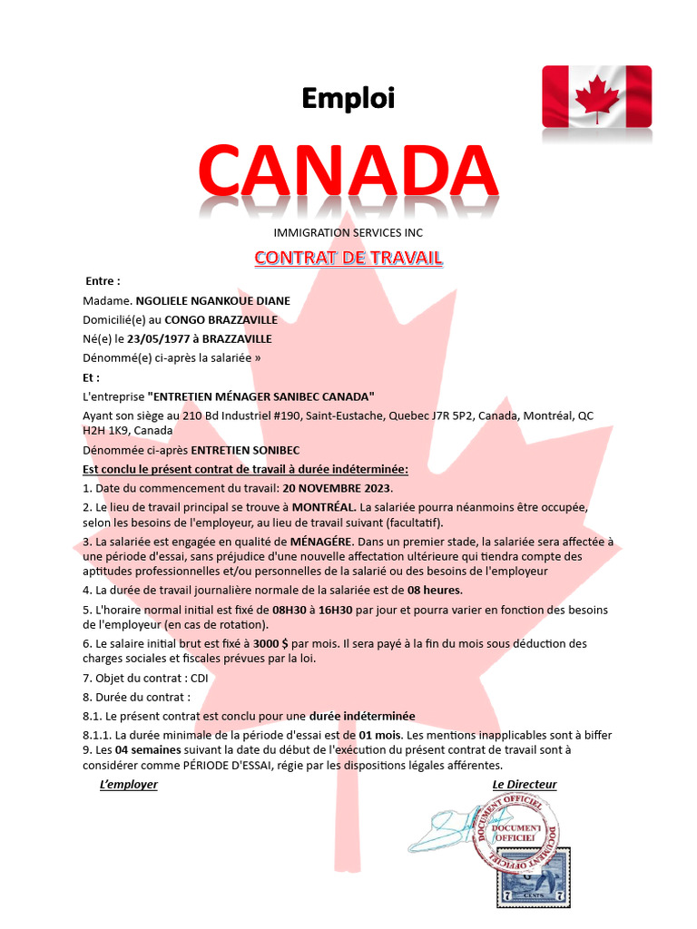 Emploi Canada IMMIGRATION SERVICES IN CONTRAT DE TRAVAIL Entre Madame ...