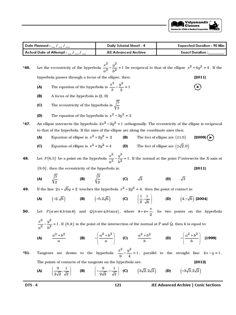 JEE Advanced Conic Sections Archive | PDF | Ellipse | Euclidean Plane ...