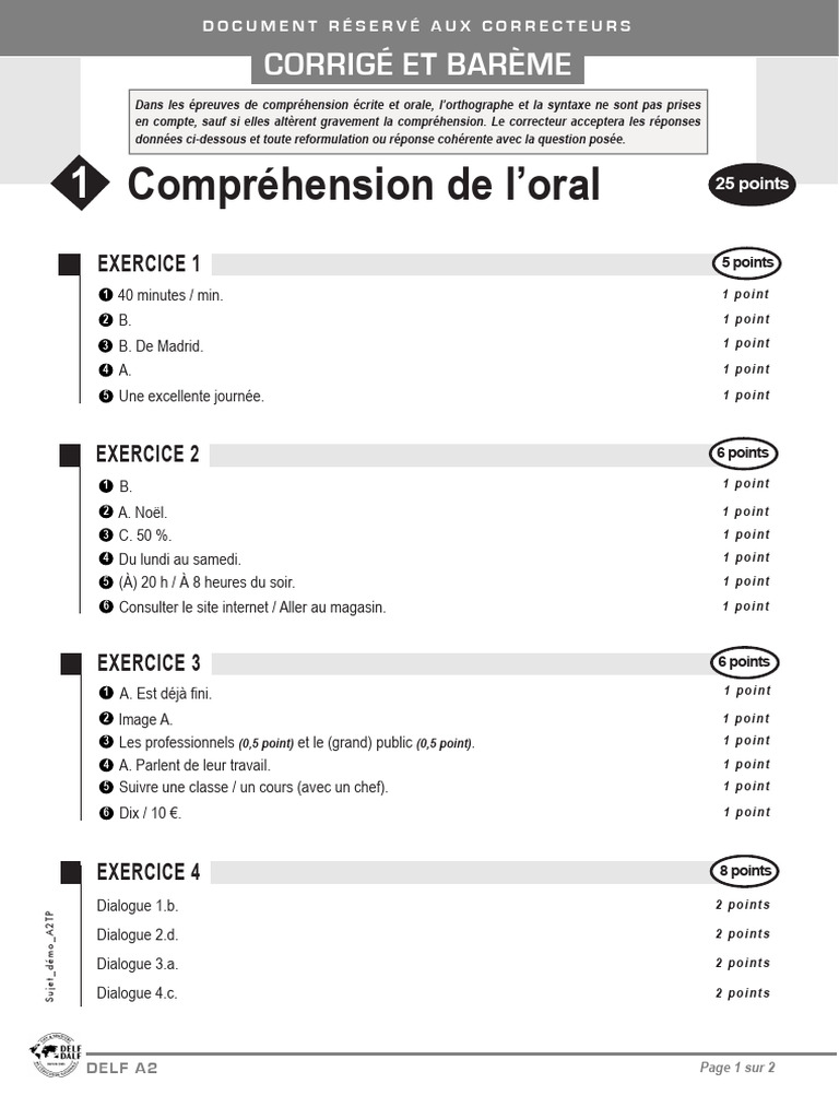 Examen DELF A2 : Corrigé et Barème | PDF