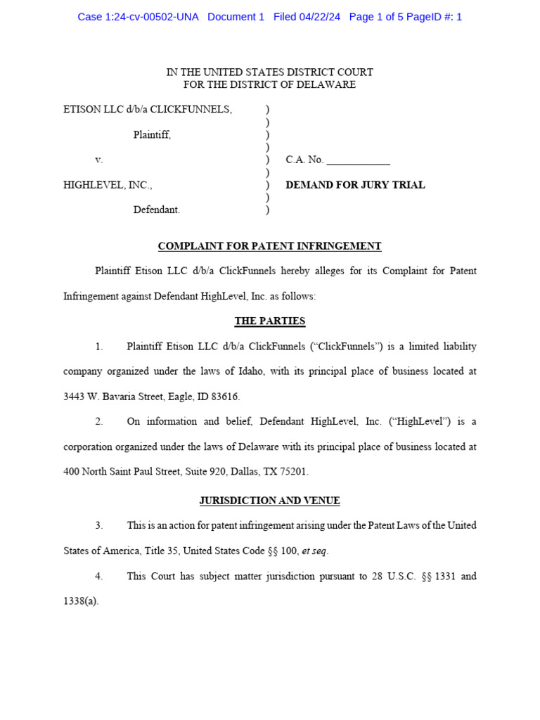 ClickFunnels Patent Infringement Case | PDF | Patent | Patent Infringement