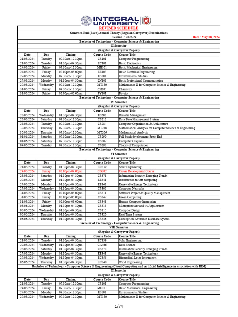 Revised Schedule End Semester Even Examinations 2023-24 | PDF ...
