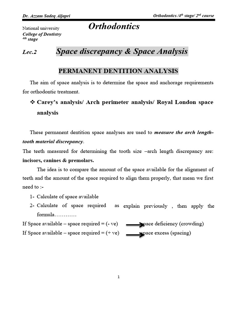 Space Analysis in Orthodontics | PDF | Orthodontics | Dental Anatomy