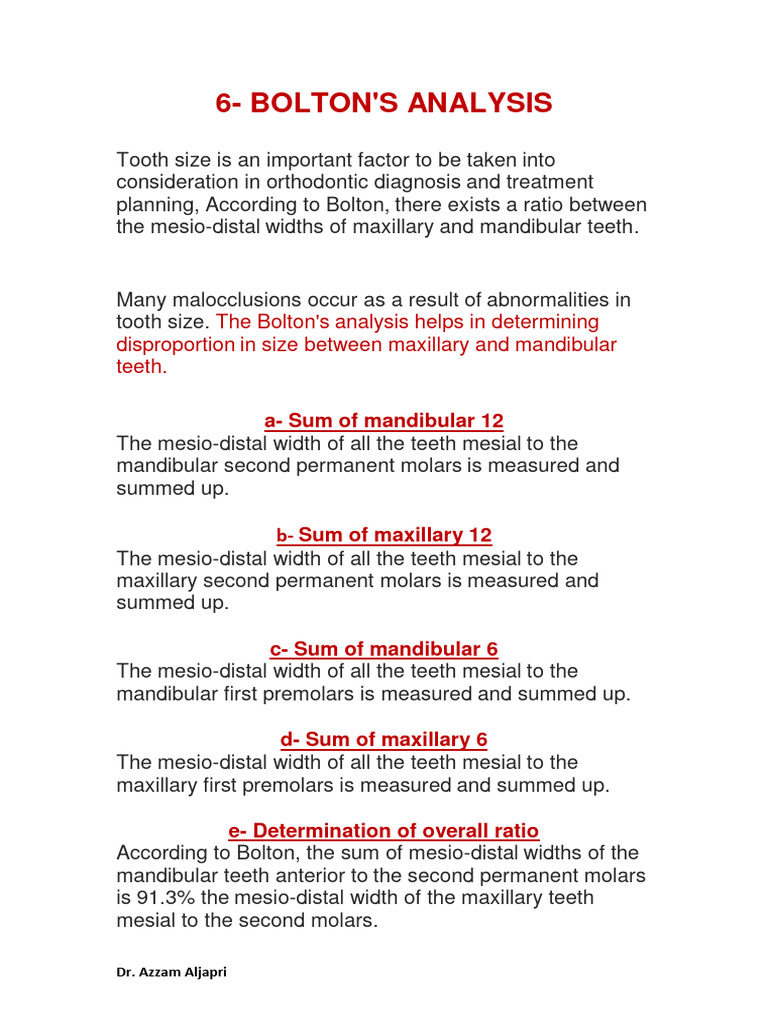 Bolton's Tooth Size Analysis Guide | PDF | Dentistry Branches | Dentistry