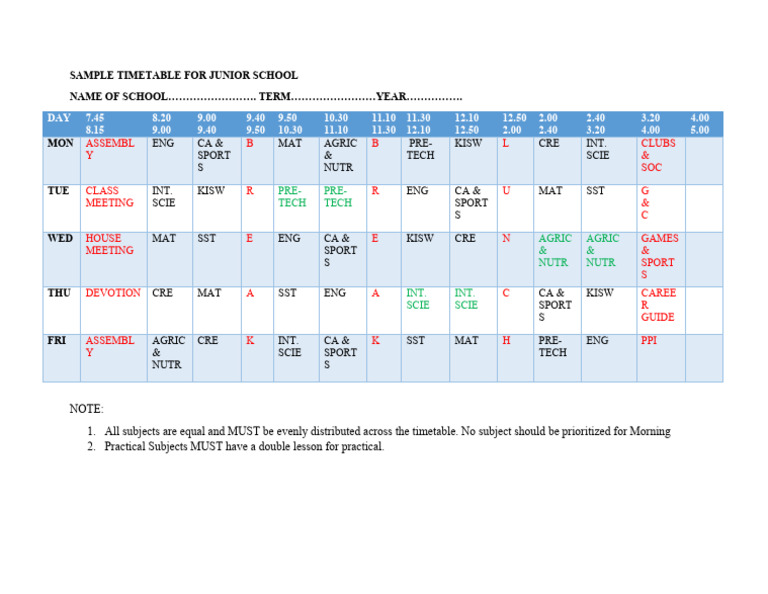 Junior School Timetable Sample 2024 | PDF
