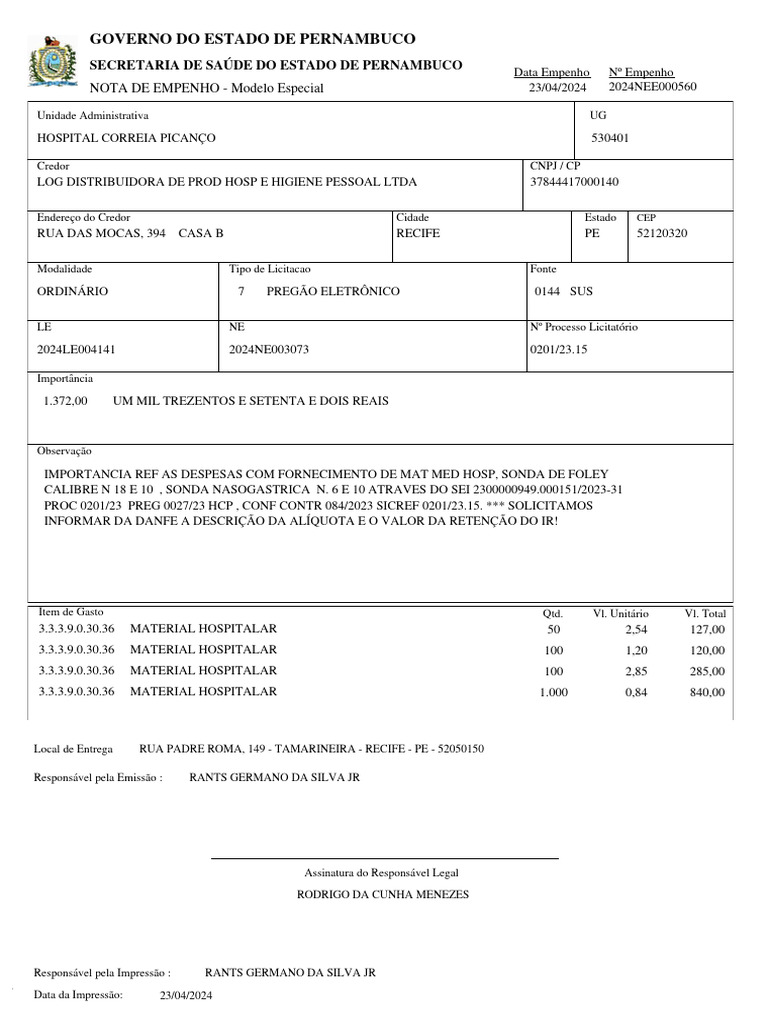 Nota de Empenho - Log Distribuidora | PDF | Governança | Esfera pública