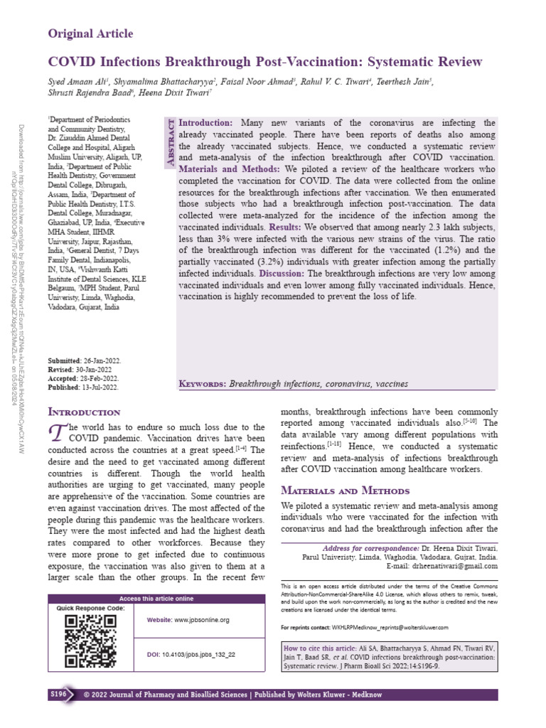 COVID Infections Breakthrough Post Vaccination Systematic Review | PDF ...
