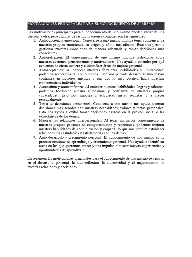 Motivaciones Principales para El Conocimiento de Si Mismo | PDF ...