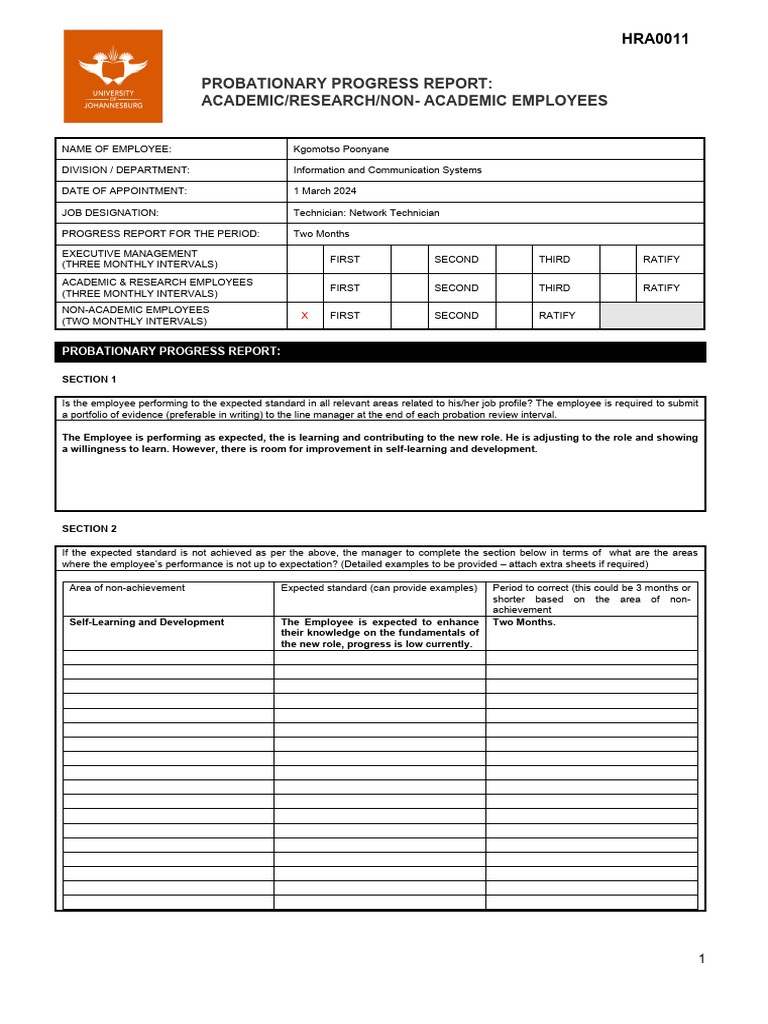 Probationary Progress Report for Technician | PDF | Employment | Business
