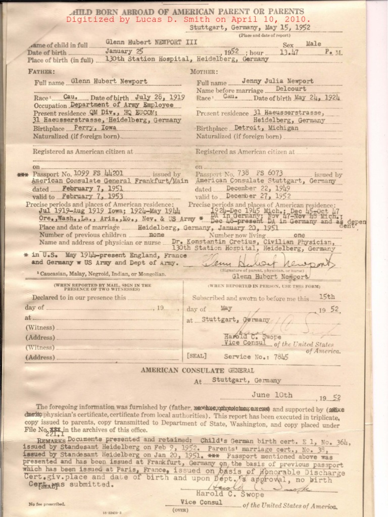 Glenn Hubert Newport III (01.25.1952) Report of Birth, Child Born