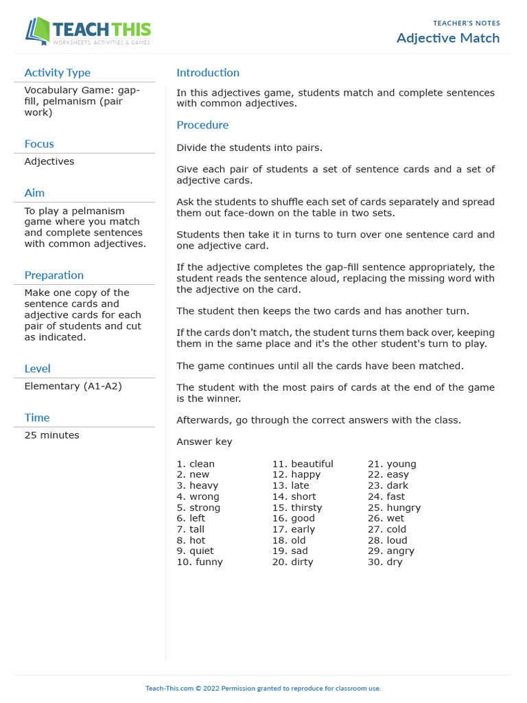 Adjective Match Pdf