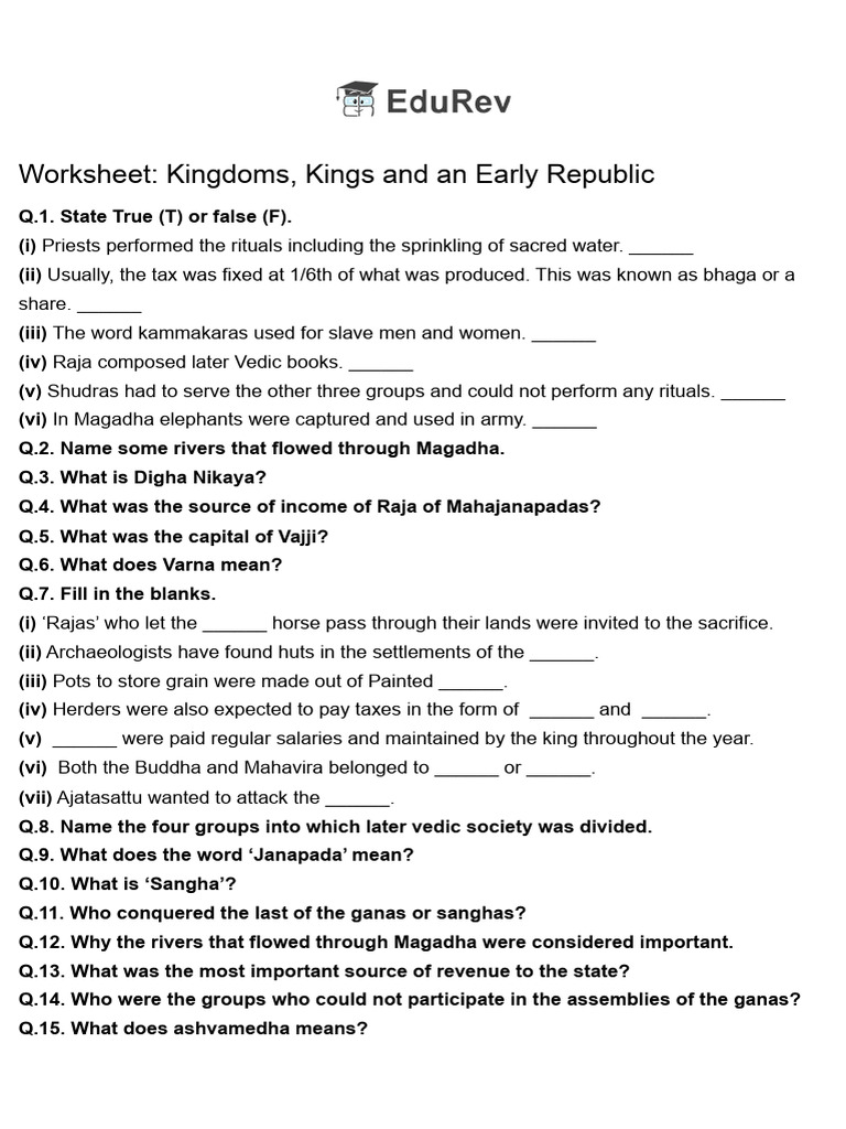 Kingdoms Kings and An Early Republic Class 6 Worksheet History Chapter