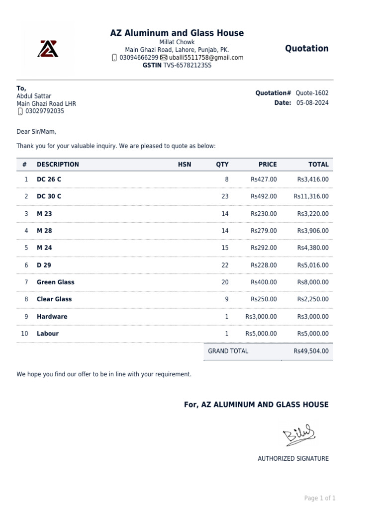 Quotation for Glass and Aluminum Supplies | PDF