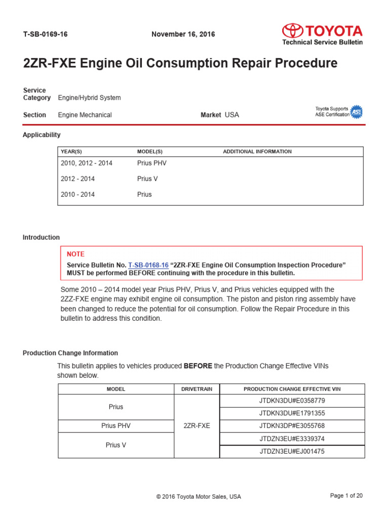 2ZRFXE Engine Oil Consumption Repair Procedure PDF Hybrid Electric