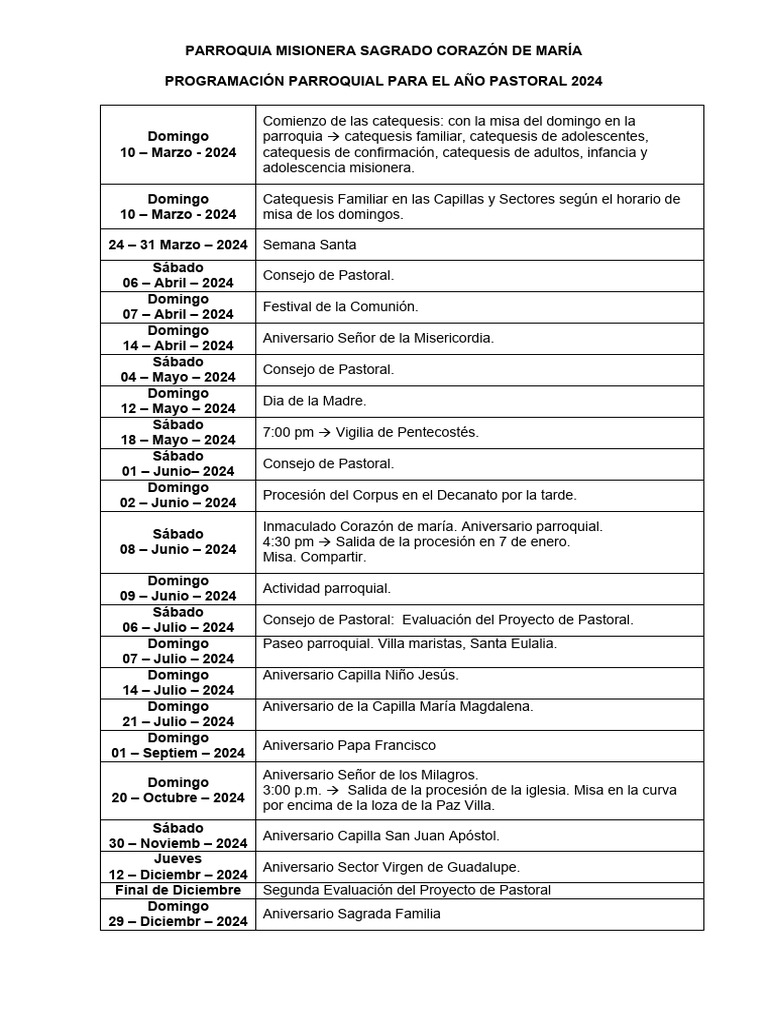 Programación de Pastoral 2024 | PDF | Familias denominacionales ...
