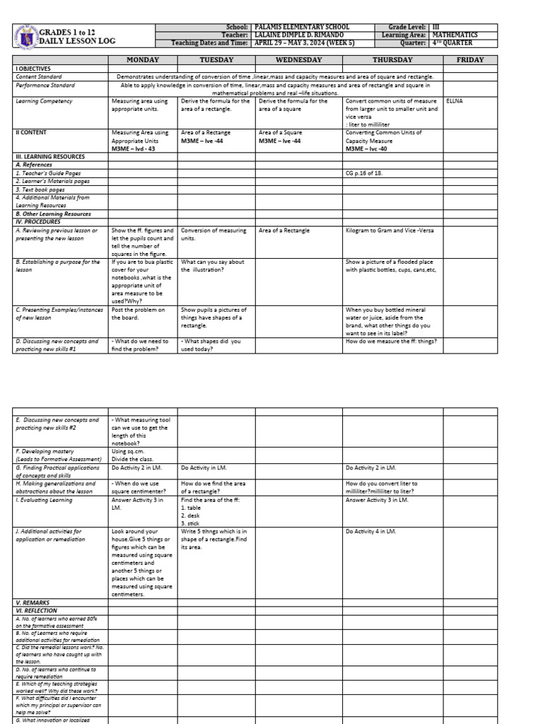 Math Area Measurement Lesson Plan | PDF | Area | Learning