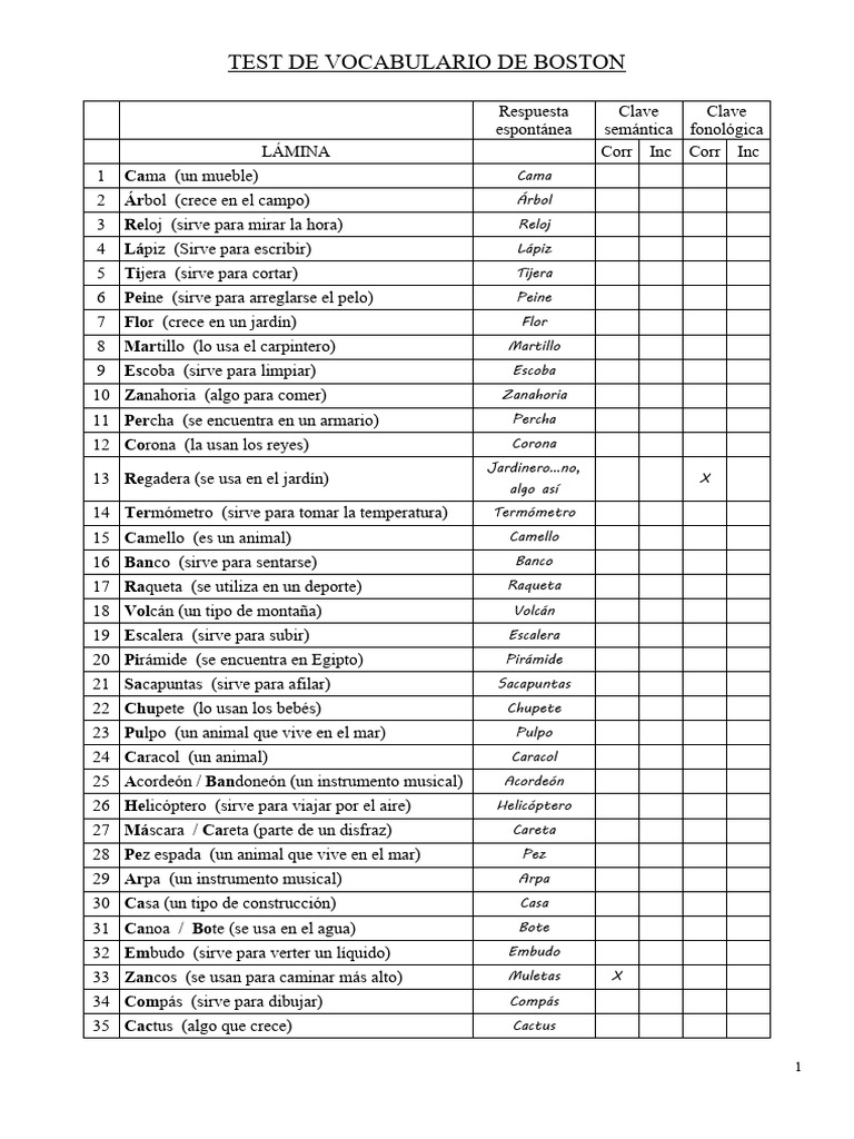 Test de Vocabulario de Boston | PDF