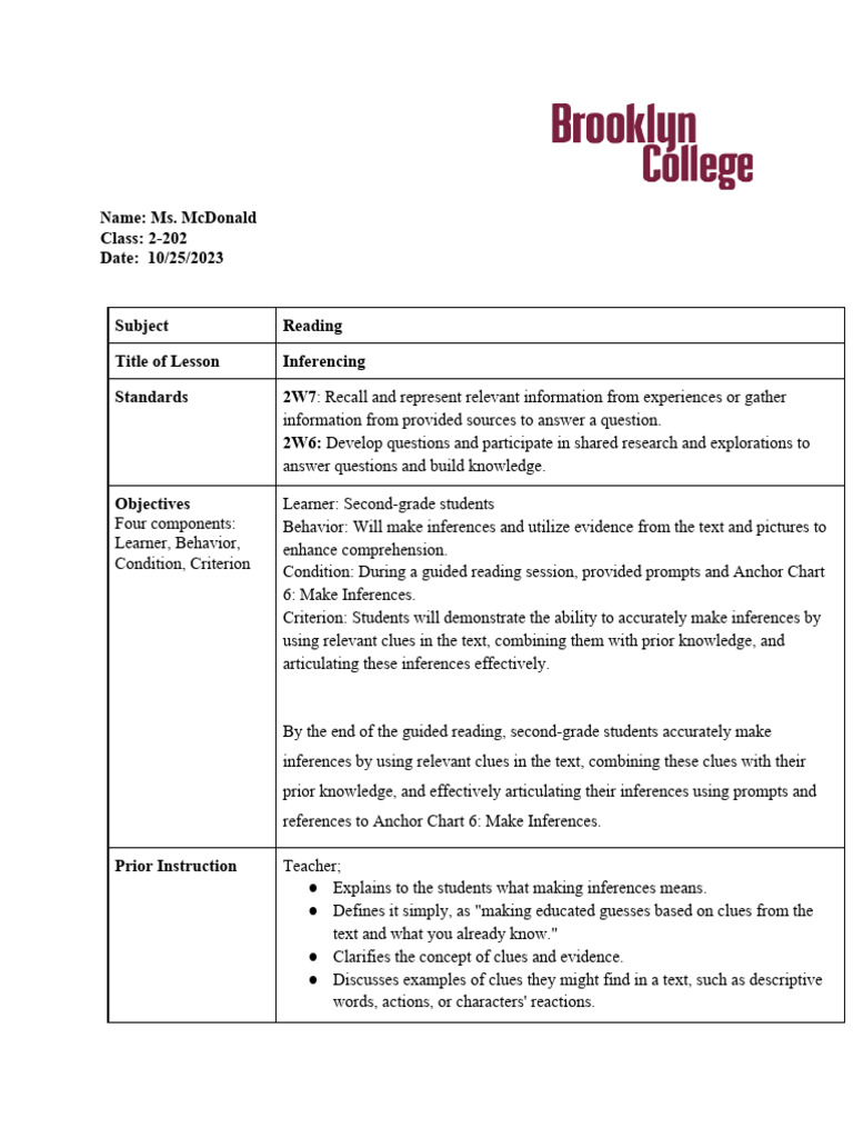 Second-Grade Lesson on Making Inferences | PDF | Reading Comprehension ...