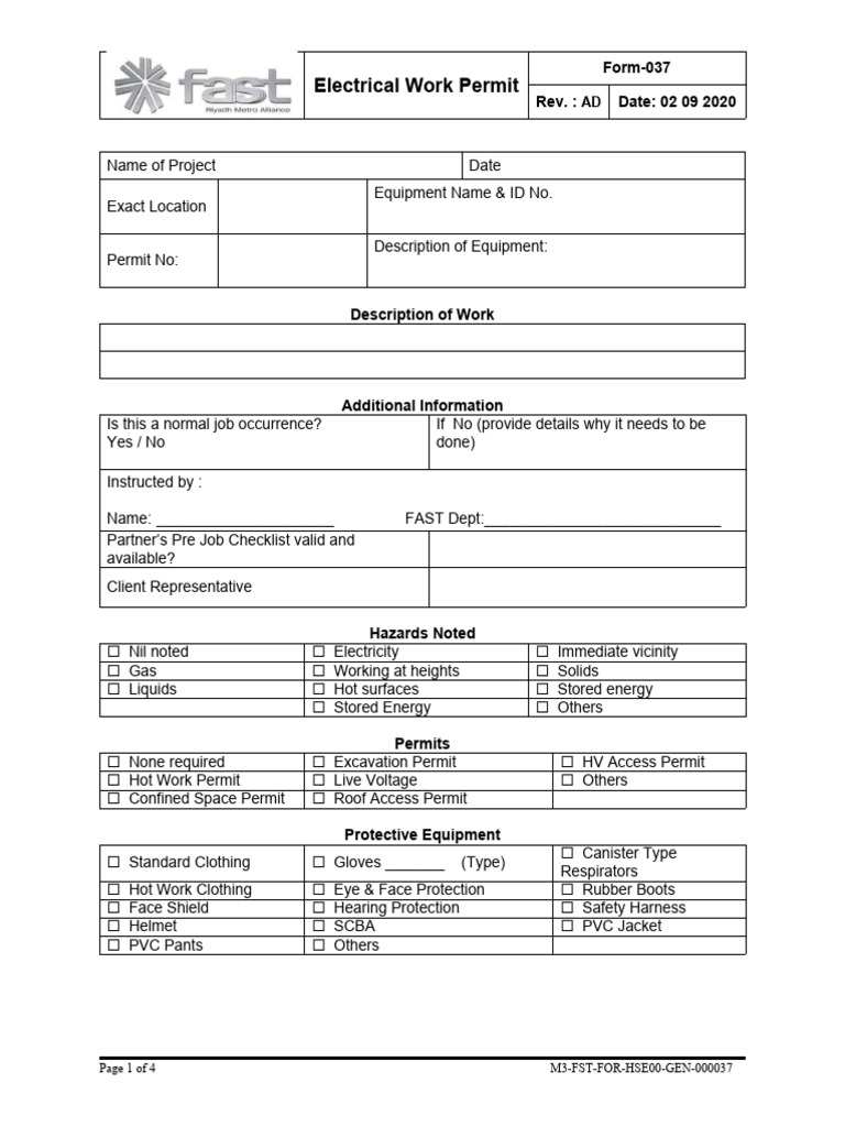Electrical Work Permit Form-037 | PDF | Personal Protective Equipment ...