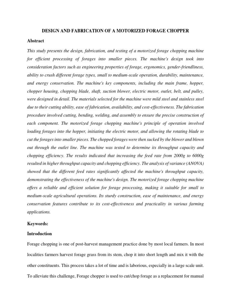 DESIGN AND FABRICATION OF A MOTORIZED FORAGE CHOPPER Paper | PDF ...