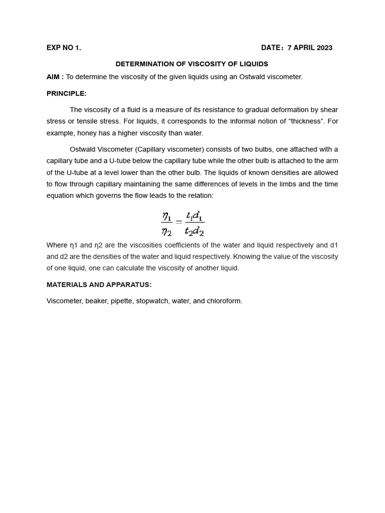 Viscosity Measurement Using Ostwald Viscometer | PDF | Viscosity | Liquids