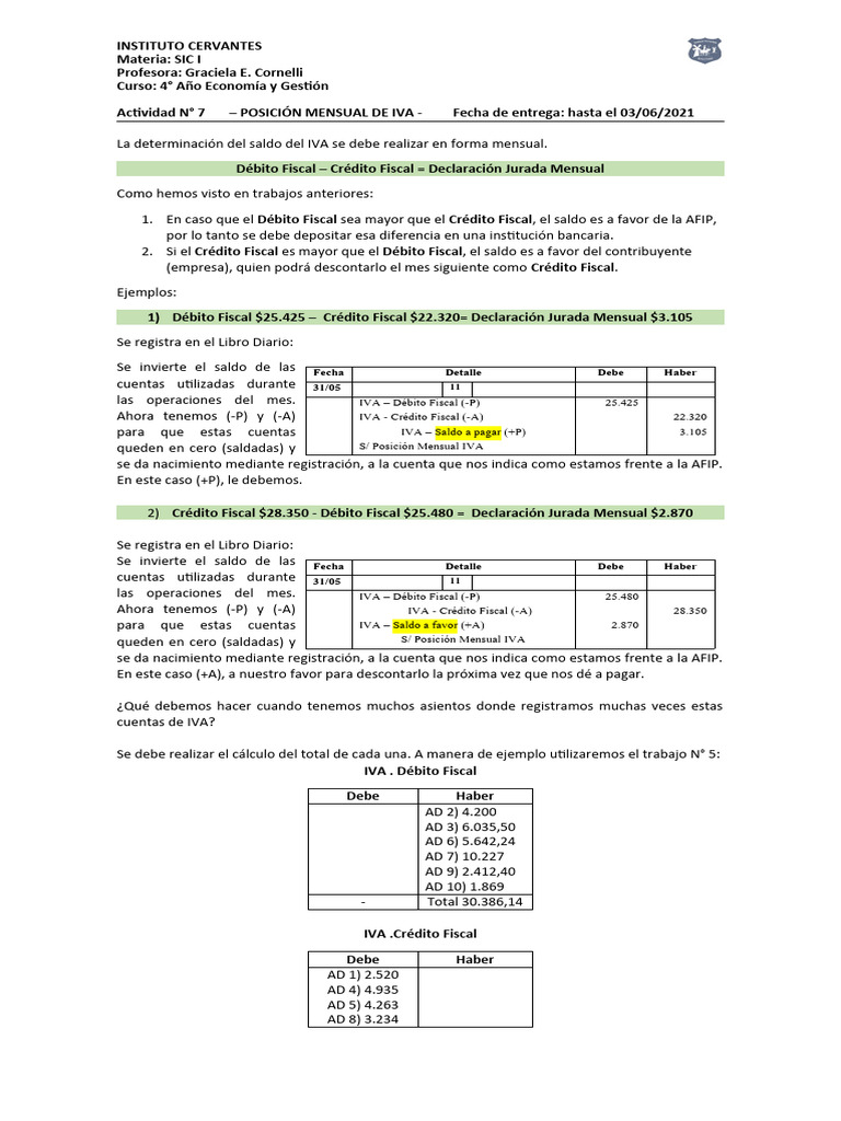 Actividad #7 - POSICIÓN MENSUAL DE IVA | PDF | Impuesto al valor ...