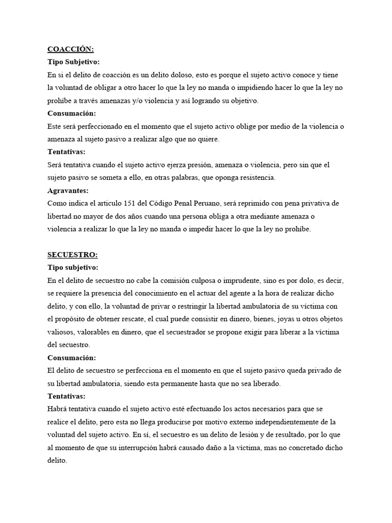 Secuestro y Coacción | PDF | Secuestro | Intención (Derecho Penal)